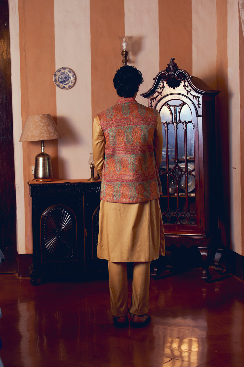 Multicolored Banarasi Jamawar Men's Jacket Set