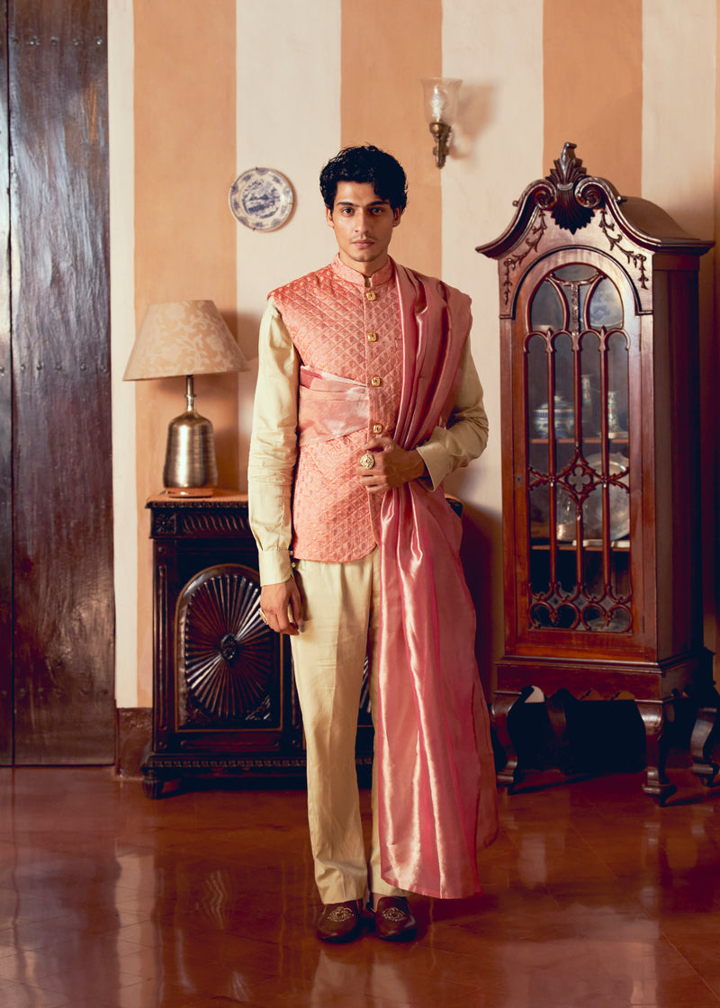 Coral Jacquard Banarasi Men's Jacket Set