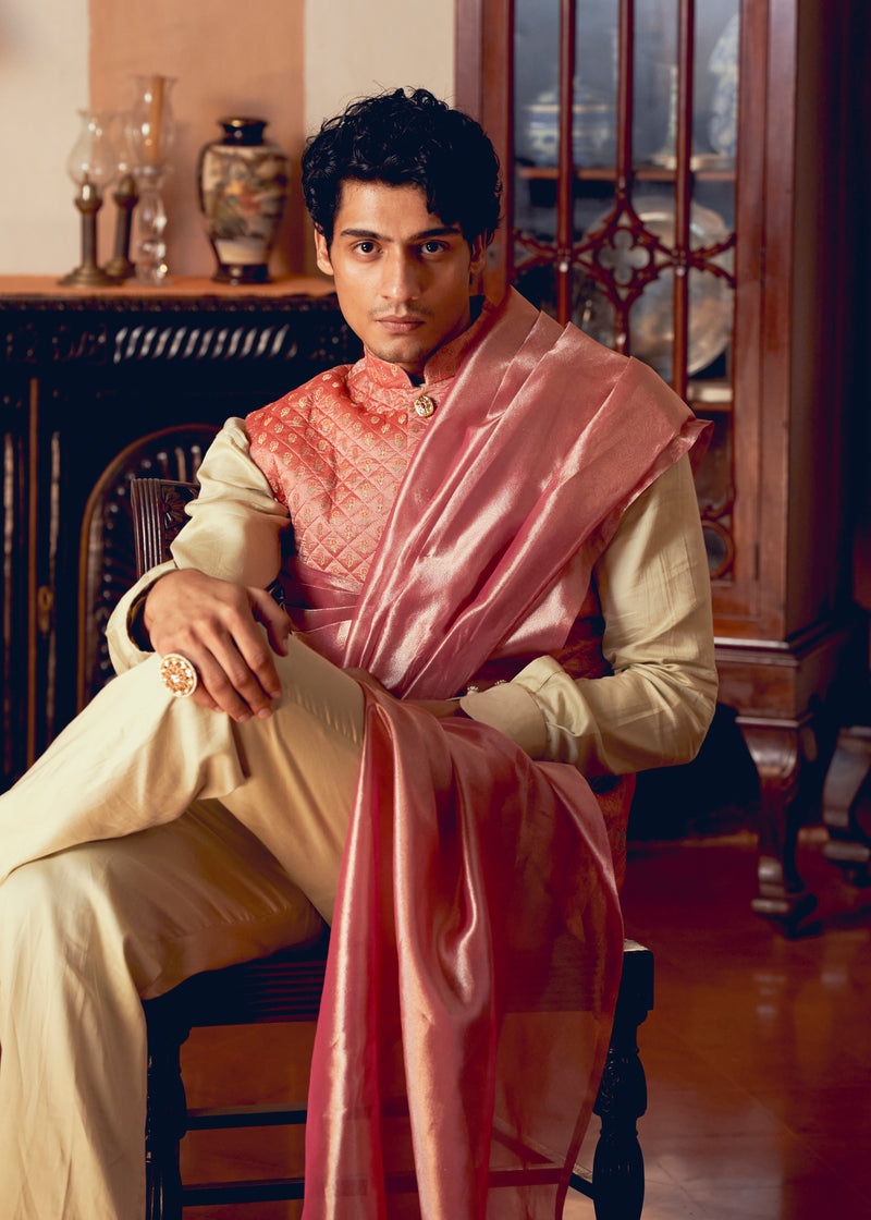 Coral Jacquard Banarasi Men's Jacket Set