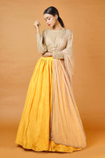 Gold blouse and dupatta with fire yellow lehenga