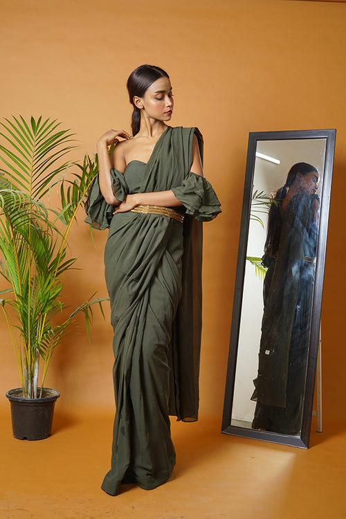 Olive green saree set with waistbelt