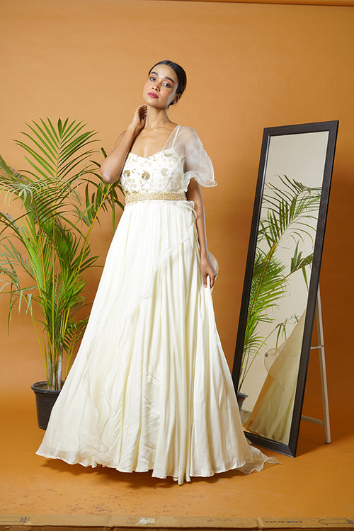 Off white anarkali with waistbelt and ruffle dupatta