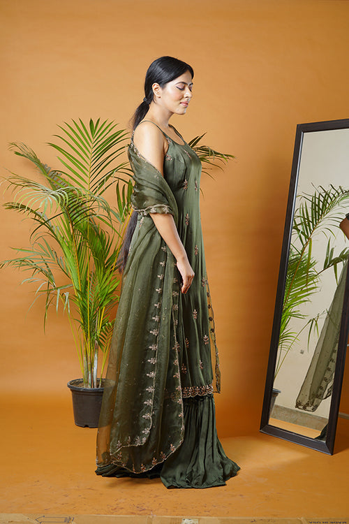 Olive green kurti and  garara set with dupatta