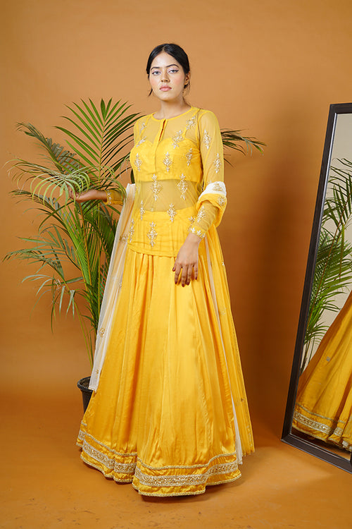 Mustard kurti with bustier ,skirt and dupatta