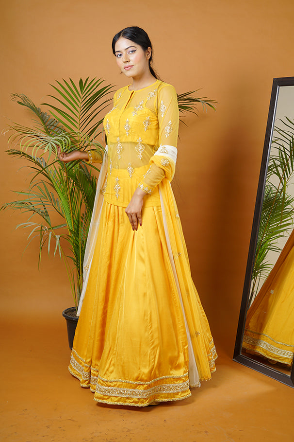 Mustard kurti with bustier ,skirt and dupatta