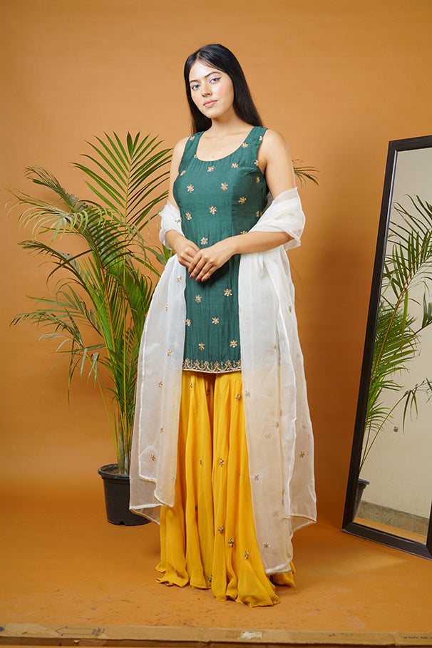 Green kurti with mustard garara and off white dupatta