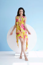 NEON PINK FLORAL PRINTED HALTER NECK SHORT DRESS