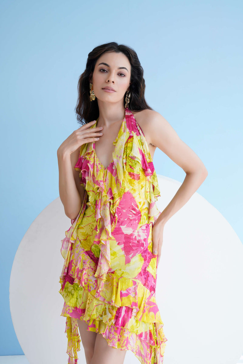 NEON PINK FLORAL PRINTED HALTER NECK SHORT DRESS