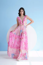 PASTORAL PRINTED DRESS WITH FRILLED PLUNGING NECKLINE AND WAIST CUTOUT