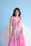 PASTORAL PRINTED DRESS WITH FRILLED PLUNGING NECKLINE AND WAIST CUTOUT