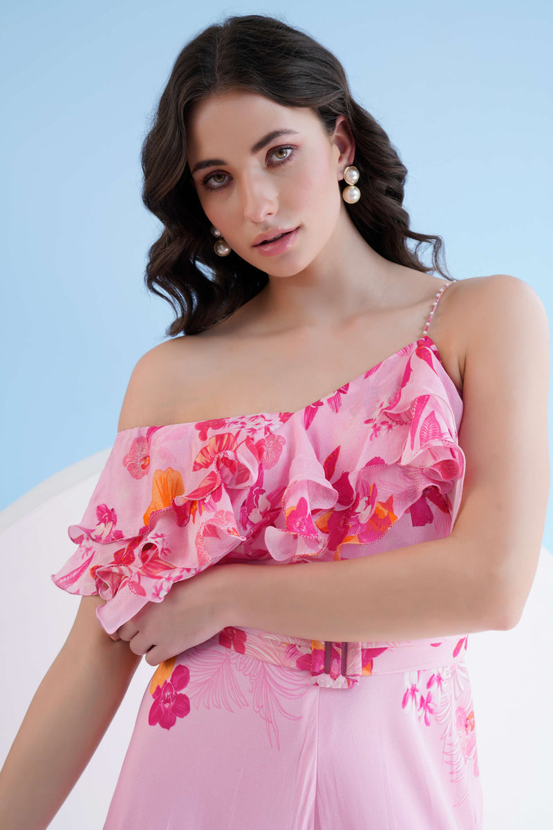 FUSCIA ORCHID PRINTED FLARED ONE SHOULDER JUMPSUIT