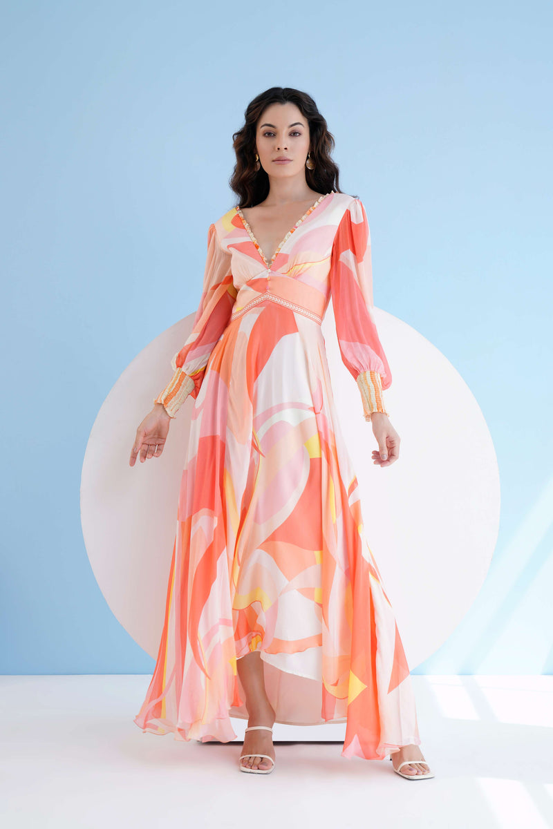 PEACH GOLDEN RATIO PRINTED LONG DRESS WITH PLUNGING NECKLINE