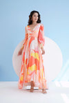 PEACH GOLDEN RATIO PRINTED LONG DRESS WITH PLUNGING NECKLINE