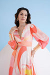 PEACH GOLDEN RATIO PRINTED LONG DRESS WITH PLUNGING NECKLINE