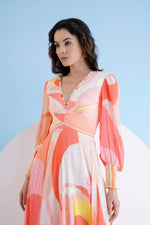 PEACH GOLDEN RATIO PRINTED LONG DRESS WITH PLUNGING NECKLINE