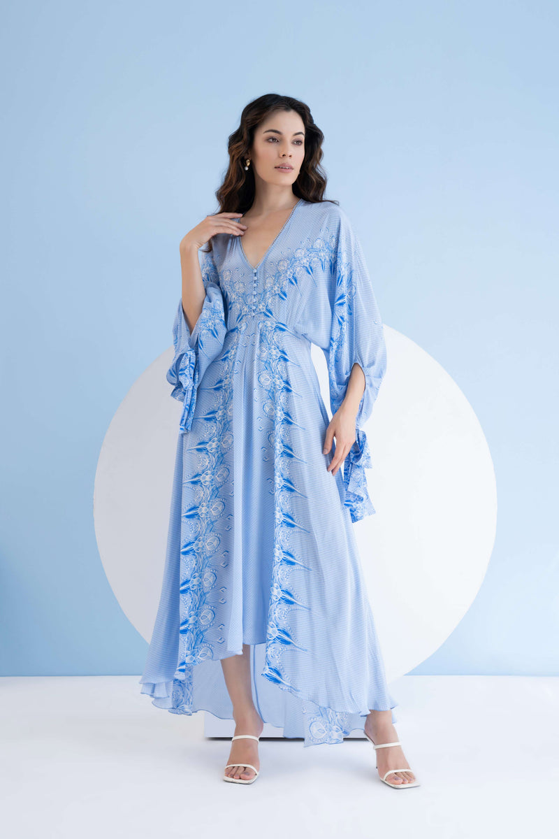 ICE FLY PRINTED HIGH LOW DRESS WITH KAFTAN SLEEVES