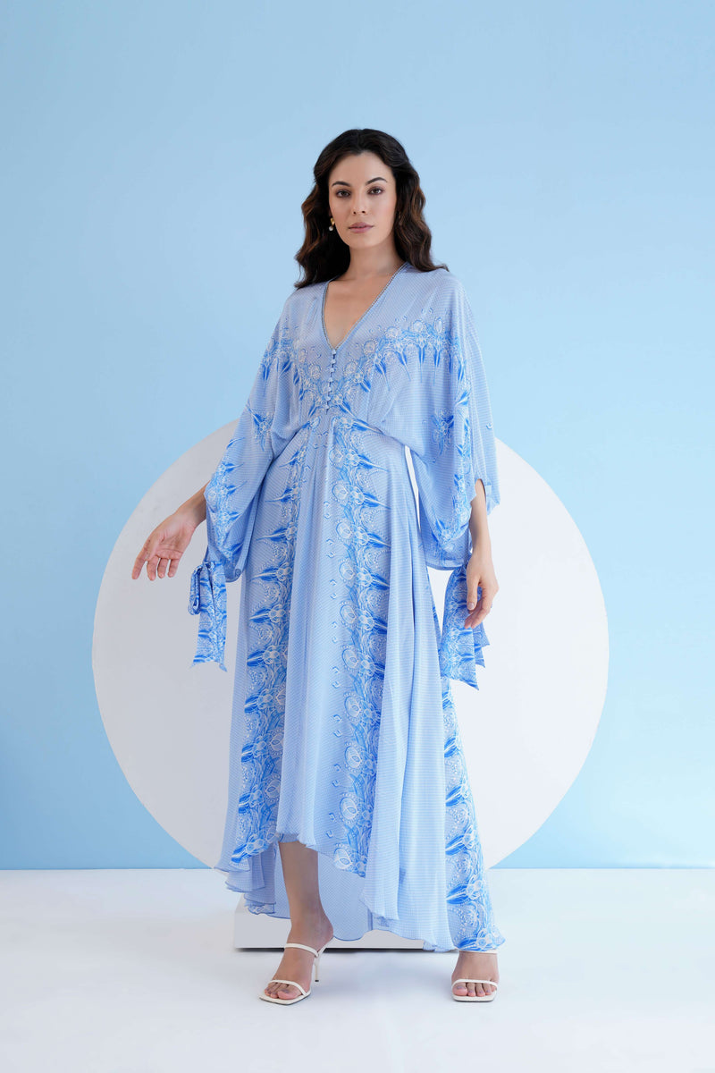 ICE FLY PRINTED HIGH LOW DRESS WITH KAFTAN SLEEVES