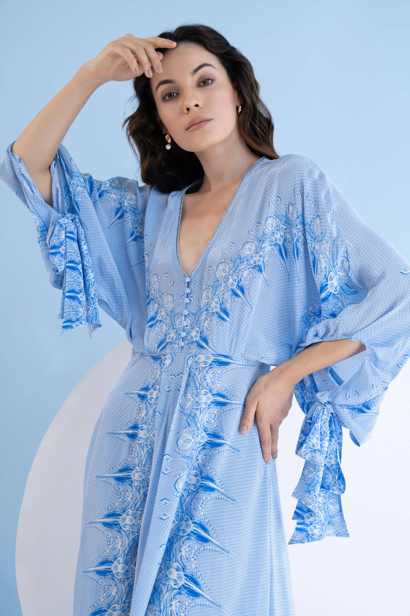 ICE FLY PRINTED HIGH LOW DRESS WITH KAFTAN SLEEVES