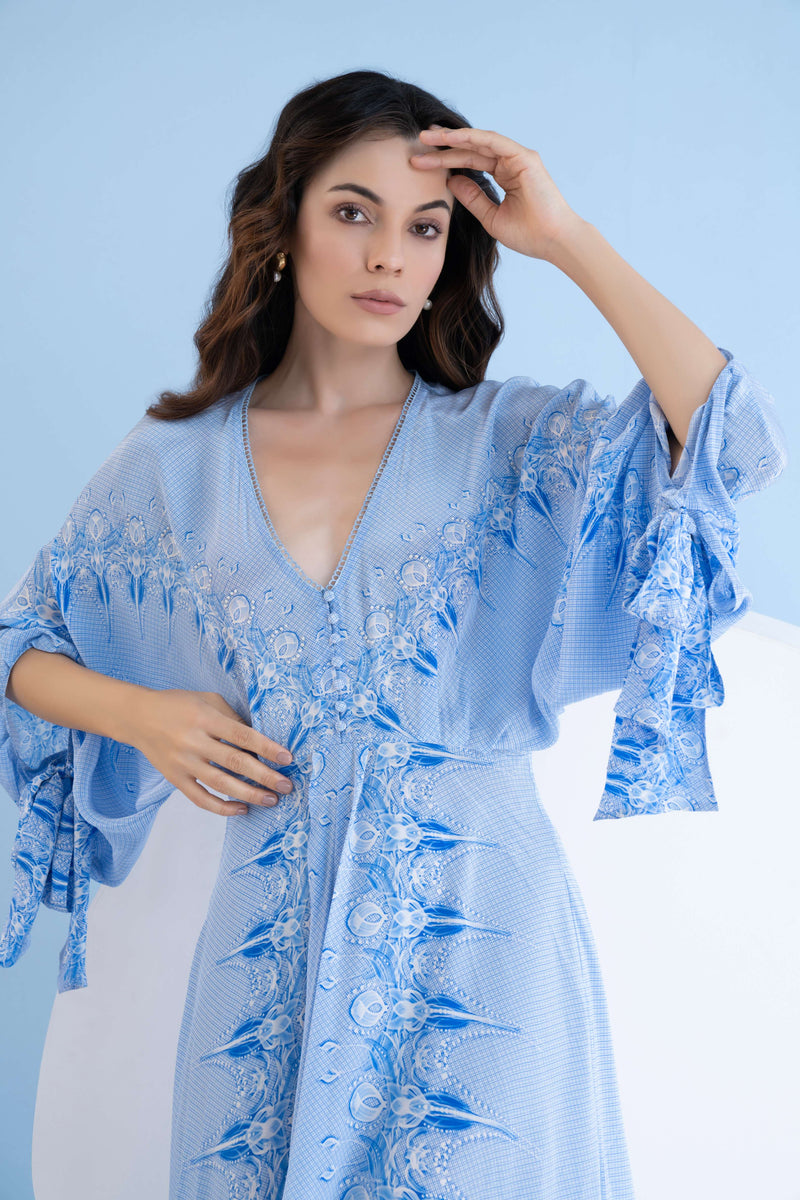 ICE FLY PRINTED HIGH LOW DRESS WITH KAFTAN SLEEVES