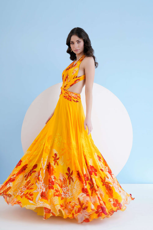 ORCHID YELLOW PRINTED LONG DRESS WITH HALTER NECKLINE AND WAIST CUTOUT