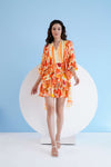 ORANGE ORCHID PRINTED SHORT TIERED DRESS WITH BALOON SLEEVES
