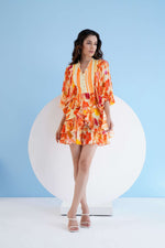 ORANGE ORCHID PRINTED SHORT TIERED DRESS WITH BALOON SLEEVES