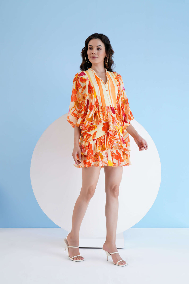 ORANGE ORCHID PRINTED SHORT TIERED DRESS WITH BALOON SLEEVES