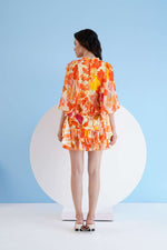 ORANGE ORCHID PRINTED SHORT TIERED DRESS WITH BALOON SLEEVES