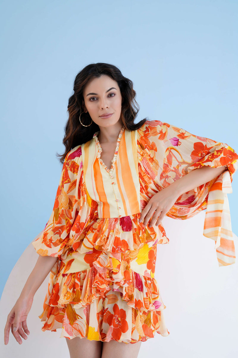 ORANGE ORCHID PRINTED SHORT TIERED DRESS WITH BALOON SLEEVES