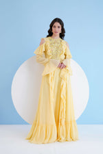 YELLOW LONG DRESS WITH SHOULDER CUTOUT AND LACE DETAIL