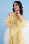 YELLOW LONG DRESS WITH SHOULDER CUTOUT AND LACE DETAIL