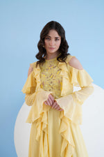 YELLOW LONG DRESS WITH SHOULDER CUTOUT AND LACE DETAIL