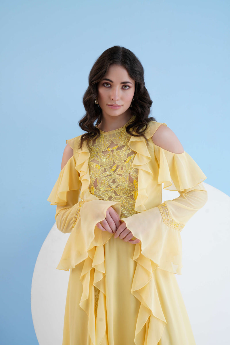 YELLOW LONG DRESS WITH SHOULDER CUTOUT AND LACE DETAIL