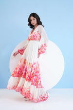 RED BAUHINIA PRINTED LONG DRESS WITH V NECKLINE