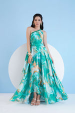 GREEN TRIPPY ROMANCE PRINTED ONE SHOULDER KAFTAN DRESS