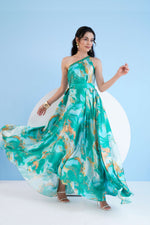 GREEN TRIPPY ROMANCE PRINTED ONE SHOULDER KAFTAN DRESS