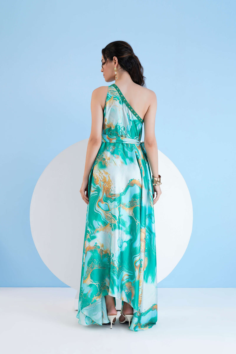 GREEN TRIPPY ROMANCE PRINTED ONE SHOULDER KAFTAN DRESS