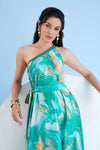 GREEN TRIPPY ROMANCE PRINTED ONE SHOULDER KAFTAN DRESS