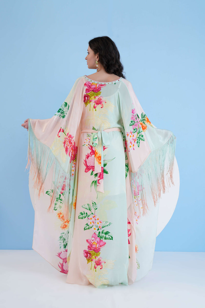 TROPICAL MIST PRINTED KAFTAN WITH FRINGE DETAIL