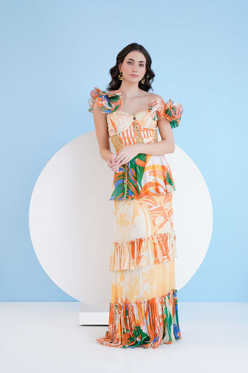 MYSTERIOUS TROPIC PRINTED TIERED DRESS WITH CORSAGE SLEEVES