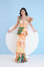 MYSTERIOUS TROPIC PRINTED TIERED DRESS WITH CORSAGE SLEEVES