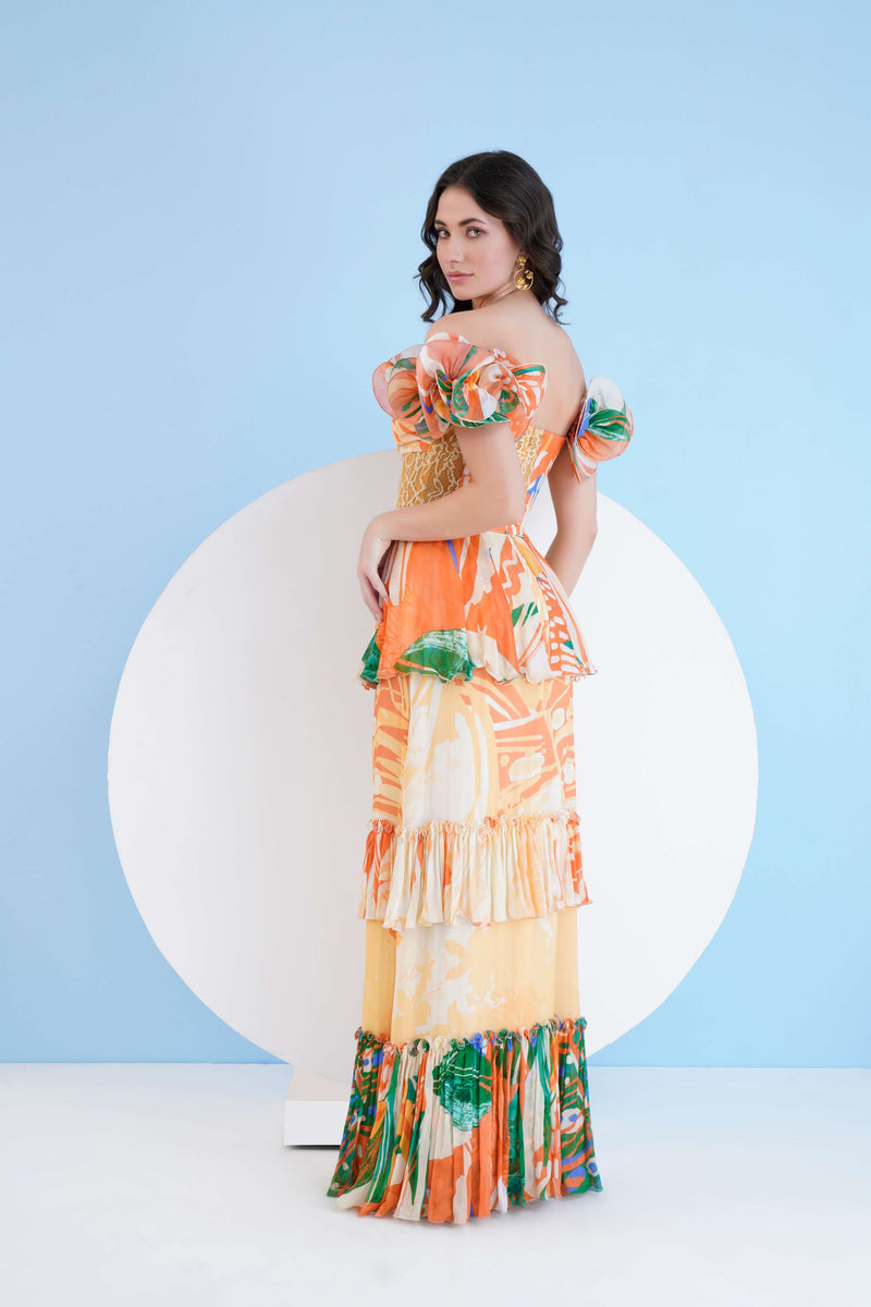 MYSTERIOUS TROPIC PRINTED TIERED DRESS WITH CORSAGE SLEEVES