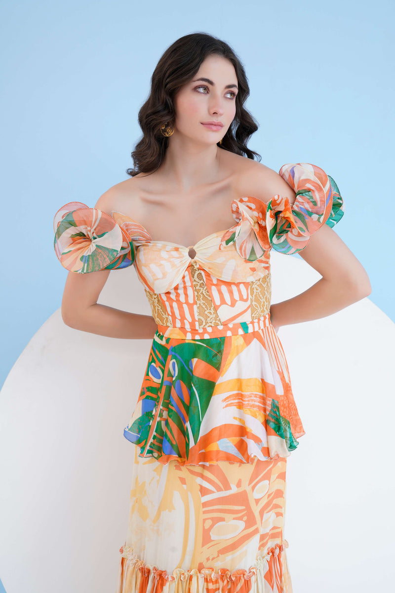 MYSTERIOUS TROPIC PRINTED TIERED DRESS WITH CORSAGE SLEEVES