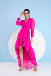 DARK PINK HIGH LOW WRAP DRESS WITH ELASTICATED SLEEVES AND FRINGED HEMLINE