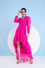 DARK PINK HIGH LOW WRAP DRESS WITH ELASTICATED SLEEVES AND FRINGED HEMLINE