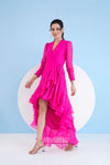 DARK PINK HIGH LOW WRAP DRESS WITH ELASTICATED SLEEVES AND FRINGED HEMLINE