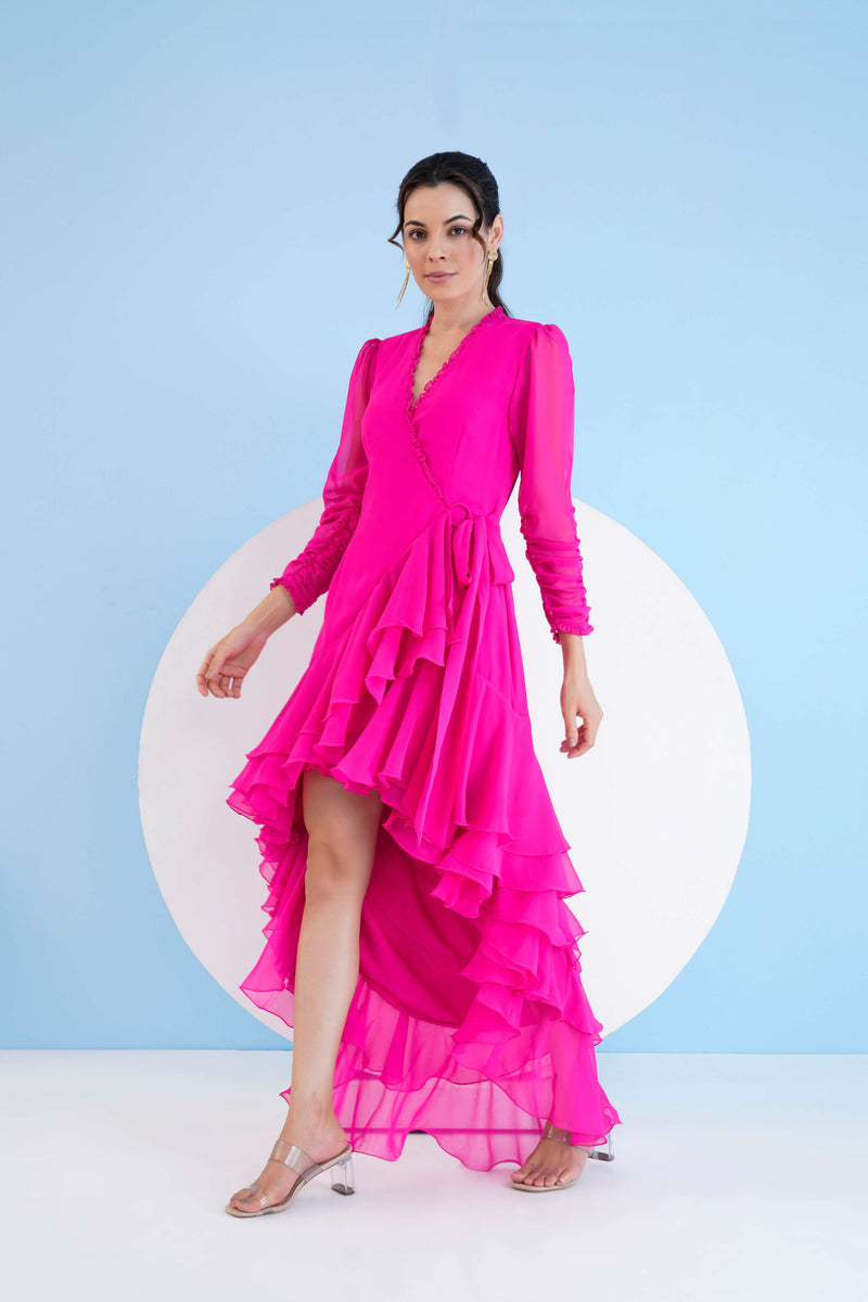 DARK PINK HIGH LOW WRAP DRESS WITH ELASTICATED SLEEVES AND FRINGED HEMLINE