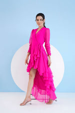 DARK PINK HIGH LOW WRAP DRESS WITH ELASTICATED SLEEVES AND FRINGED HEMLINE