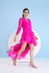 DARK PINK HIGH LOW WRAP DRESS WITH ELASTICATED SLEEVES AND FRINGED HEMLINE