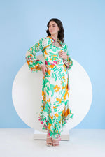 PRINTED HIGH LOW DRESS WITH FRILLED PUFF SLEEVES AND CONSTRUCTED YOKE